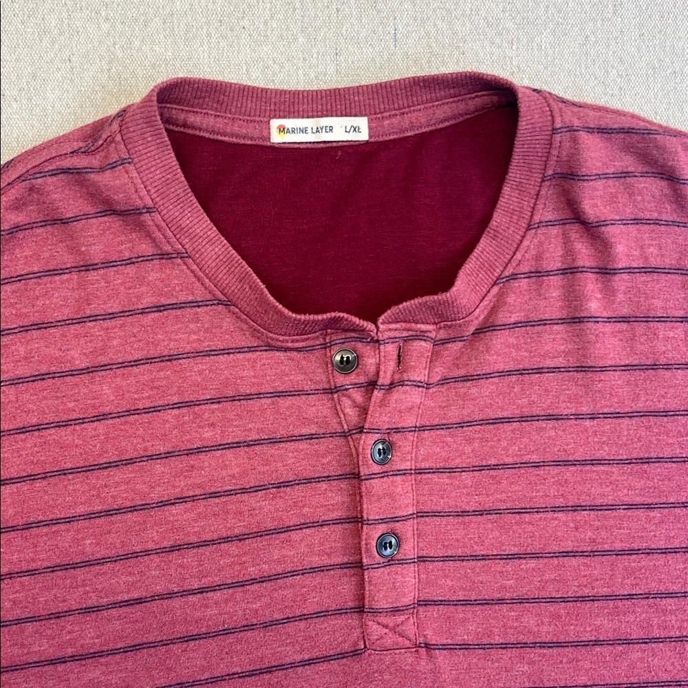 Marine Layer Men's Long Sleeve Henley - Maroon Stripes size L/XL - Picture 3 of 9